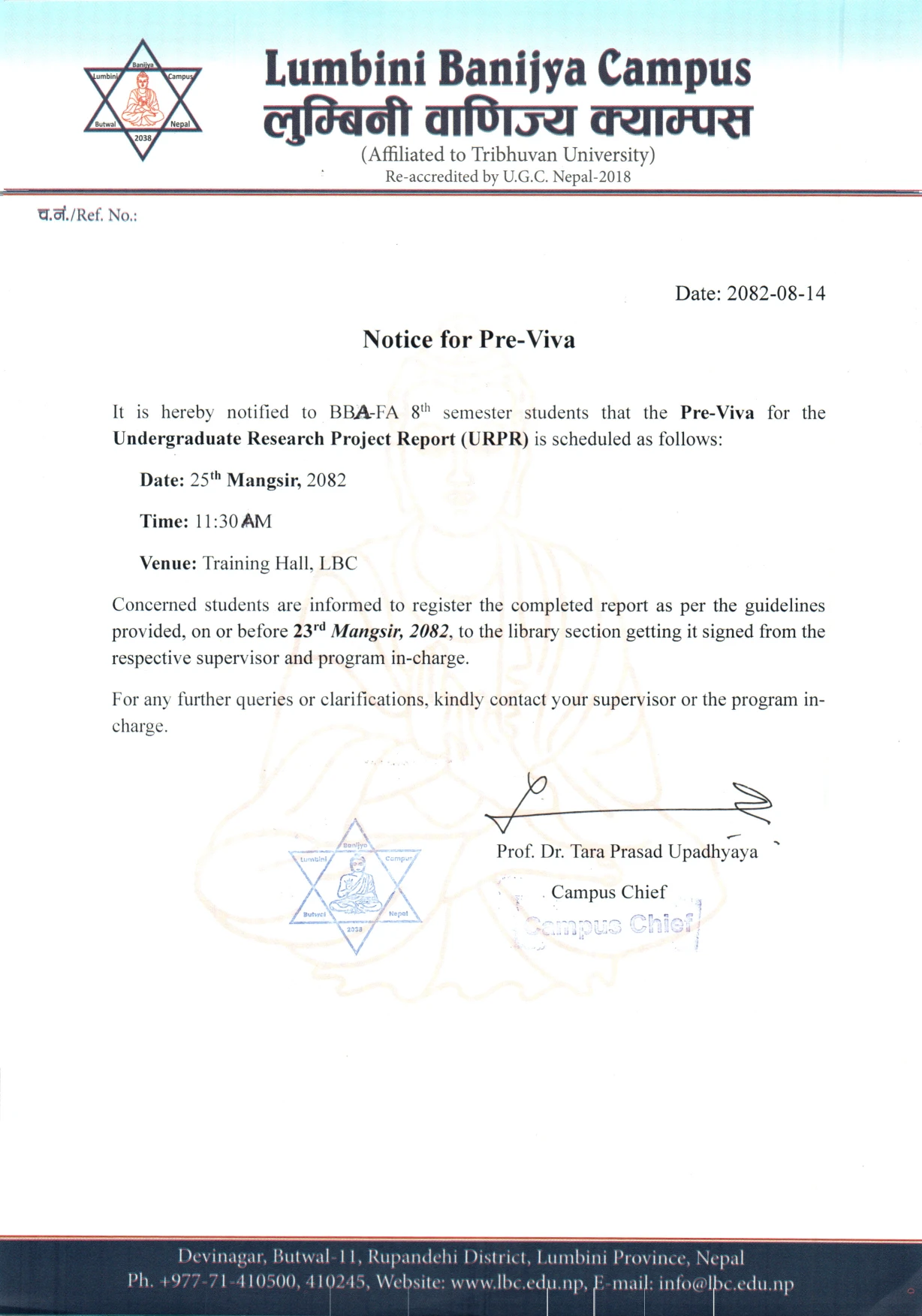 BBA-FA 8th Semester Pre-Viva Notice