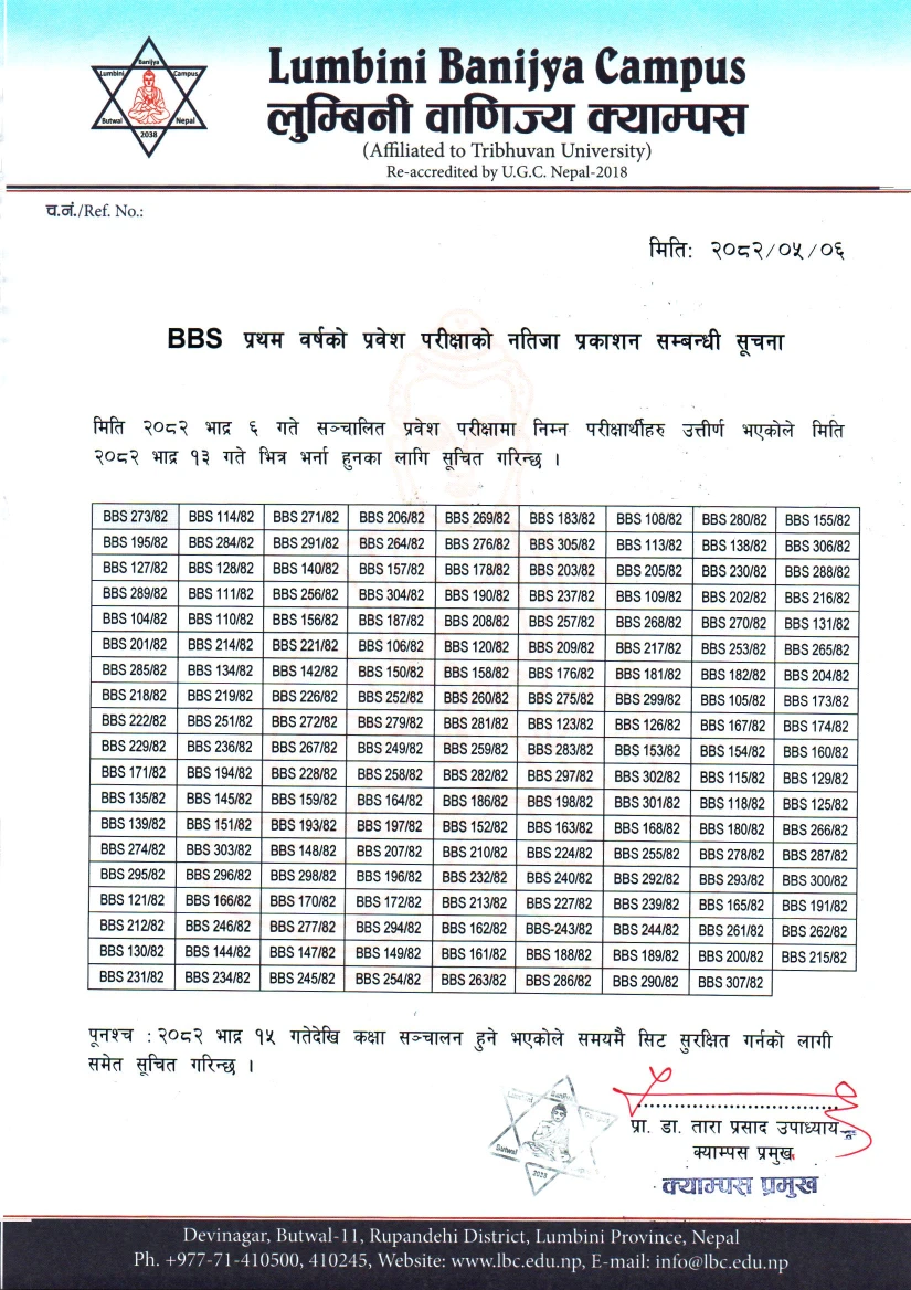 प्रथम वर्षको प्रवेश परीक्षाको नतिजा प्रकाशन सम्बन्धी सूचना