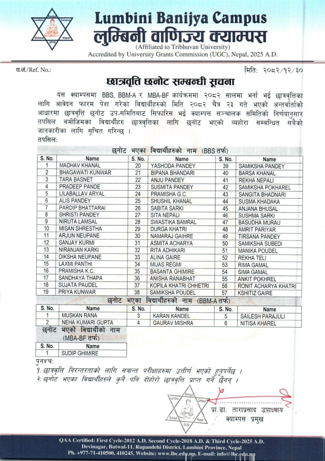 छात्रवृति छनोट सम्बन्धी सूचना 