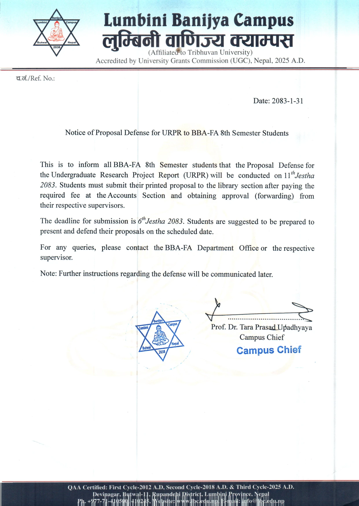 Notice of Proposal Defense for URPR to BBA-FA 8th Semester Students